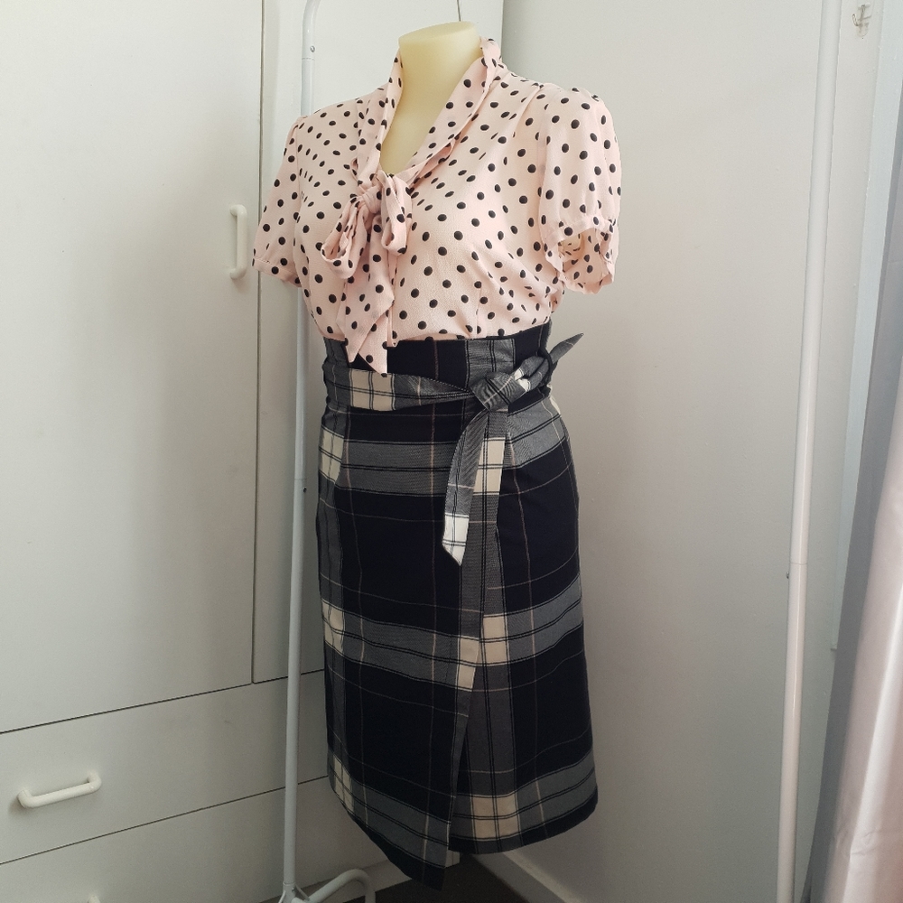 NWT AU 14 Dotti Black White Plaid Midi Belt Wrap Skirt - Picture 16 of 16